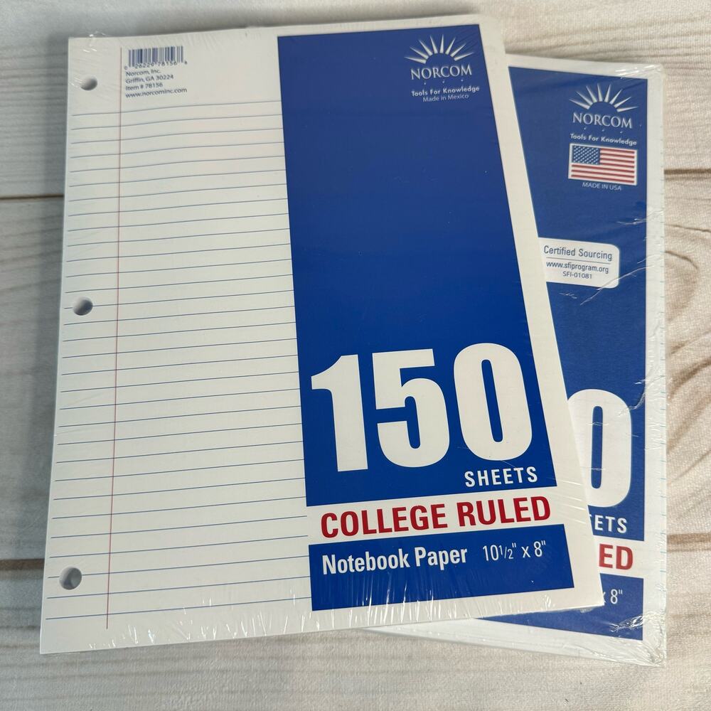 Norcom Filler Paper, Loose Leaf, College Ruled 150 pages 8" x 10.5" - 2 Pack